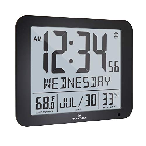 Marathon Slim Atomic Full Calendar Wall Clock with Large 3.25' Digits, Indoor Temperature and Humidity - Batteries Included - CL030067BK (Black)