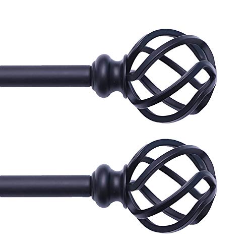 QITERI Curtain Rod 38'-72' for windows 2 Pack with Twisting Cage Finials, 3/4' Adjustable Single Window Rod 38'-72' with Twisting Cage Finials,Black Drapery Rod of Window Treatment,2 Pack