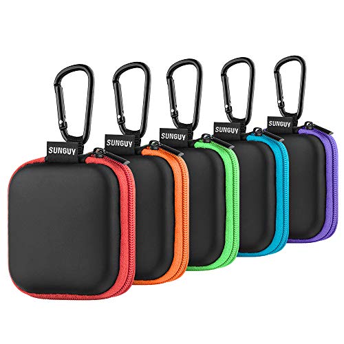 Earbud Case, SUNGUY5Pack, Red+ Orange+ Green+ Blue+ Purple Portable Small Earbud Carrying Case Storage Bag with Carabiner Clip for Earphone, Earbud, Earpieces, SD Memory Card, Camera Chips.