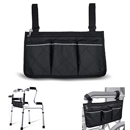 Wheelchair Armrest Accessories, Side Bags to Hang on Side with Bright Line Waterproof Black Walker Storage Pouches for Home/Outdoor/Baby Cart (Black Side)