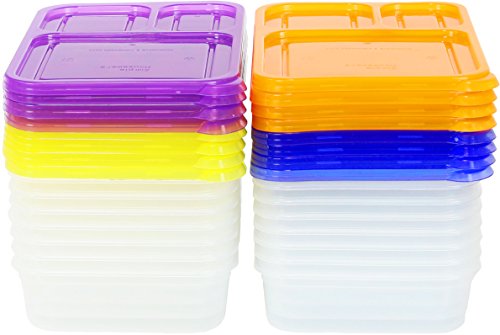 16 Pack - SimpleHouseware 3-Compartment Heavy Duty Bento Lunch Meal Prep Container Boxes, 36 Ounces, 4 Color