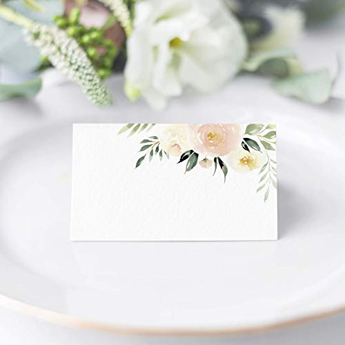 Bliss Collections Floral Place Cards for Wedding or Party, Seating Place Cards for Tables, Scored for Easy Folding, Blush Flower Design 50 Pack, 2 x 3.5 Inches