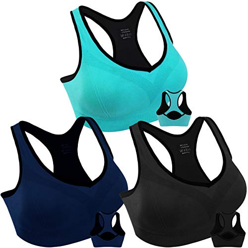 3 Pack Women Racerback Sports Bras High Impact Workout Yoga Gym Fitness Bra (Black+Blue+Navy, XX-Large)