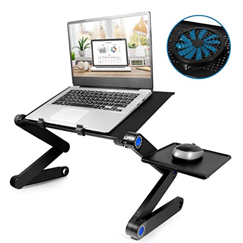 Laptop Table, Adjustable Laptop Bed Table, Portable Laptop Workstation Notebook Stand Reading Holder with Large Cooling Fan & Mouse Pad，Ergonomic Lap Desk TV Bed Tray Standing Desk