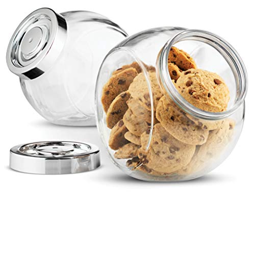 Bormioli Rocco PANDORA Glass Candy Jar 75 ½ Ounce Cookie Jar (2 Pack) With Plastic Airtight Seal Lid 2 Ways Display, Bulk Food Storage Jar for Snacks, Dry Food, Jelly Beans Canister, Apothecary Jars