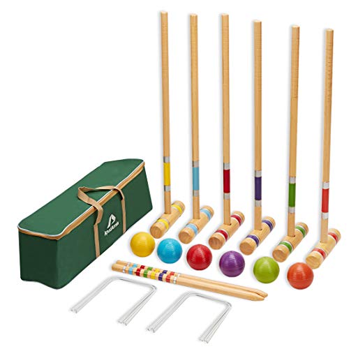 ApudArmis Six Player Croquet Set with Premiun Pine Wooden Mallets,Colored Ball,Wickets,Stakes - Lawn Backyard Game Set for Adults/Kids/Family (Large Carry Bag Including)