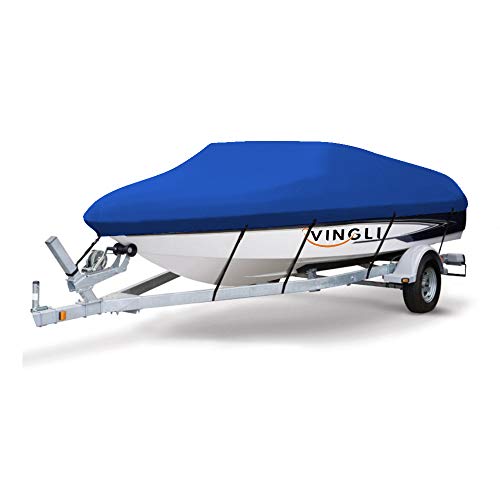 VINGLI Boat Cover Heavy Duty 600D Polyester Waterproof UV Resistant Marine Grade, Durable and Tear Proof, Fits 17-19 feet V-Hull, Tri-Hull Fishing Ski Pro-Style Bass Boats - Blue