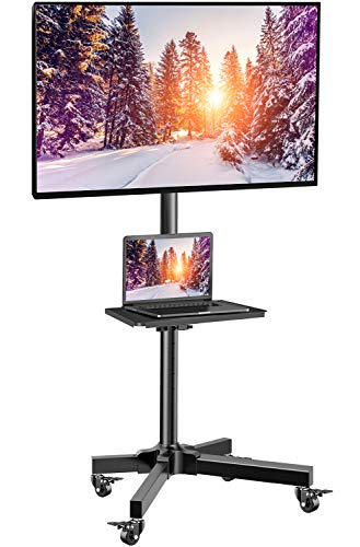 Mobile TV Cart with Wheels for 23-55 Inch LCD LED 4K Flat Curved Screen TVs - Height Adjustable Shelf Trolley Floor Stand Holds up to 55lbs - Movable Monitor Holder with Tray Max VESA 400x400mm