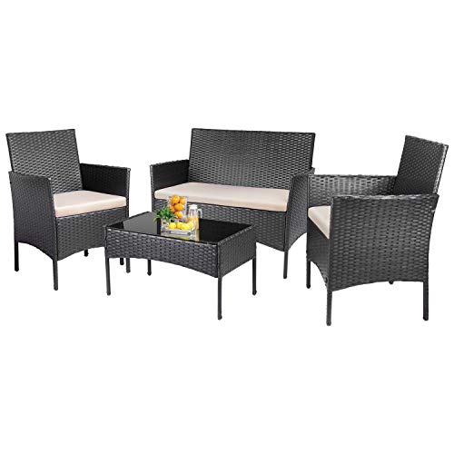 KaiMeng Patio Outdoor 4 Pieces Indoor Use Conversation Sets Rattan Wicker Chair with Table Backyard Lawn Porch Garden Poolside Balcony Furniture, Black