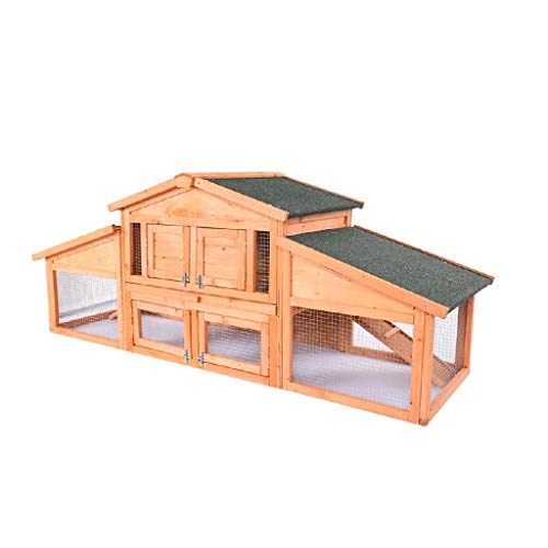 Autumnfall Wooden Rabbit Hutch Chicken Coop House Bunny Hen Pet Animal Backyard, Wooden Cage With Ventilation Door, Sleeping Area And Attached 2 Runs Bunny Area, Removable Tray & Ramp Nesting Box