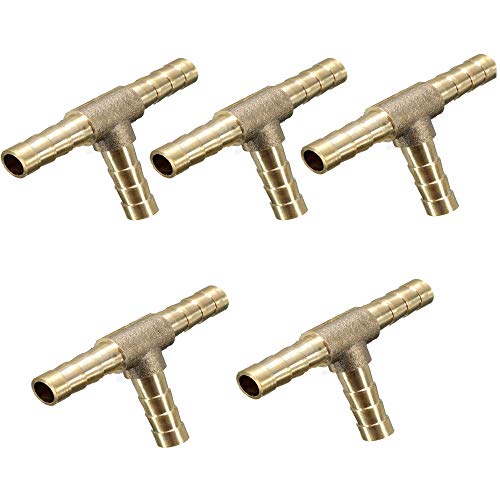 Ginode 5Pack Brass Hose Barb Tee, 1/4' Hose ID Barbed, 3-Way Tee Brass Fuel Hose Fitting, Coupler Adapter for Fuel Gas Water