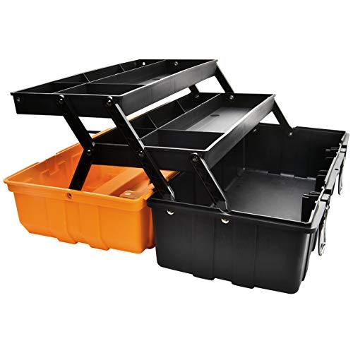 17-Inch Multi-Purpose 3-Layer Toolbox with Tray and Dividers,Household Plastic Tool Organizers,Orange Folding Storage Box