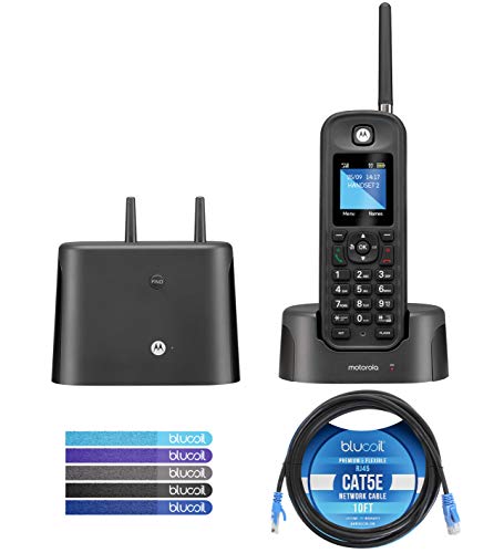 Motorola O211 DECT 6.0 Long Range Cordless Phone with Digital Answering Machine and Inductive Charging Station Bundle with Blucoil 10-FT 1 Gbps Cat5e Cable, and 5-Pack of Reusable Cable Ties