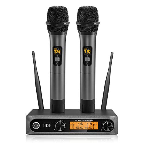 TONOR Wireless Microphone，Metal Dual Professional UHF Cordless Dynamic Mic Handheld Microphone System for Home Karaoke, Meeting, Party, Church, DJ, Wedding, Home KTV Set, 200ft(TW-820)