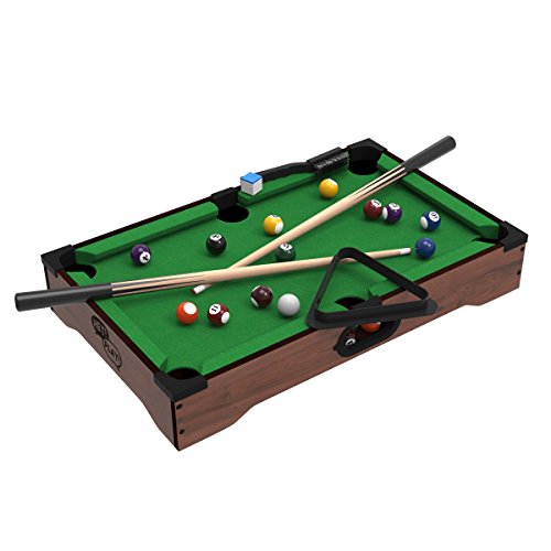 Mini Tabletop Pool Set- Billiards Game Includes Game Balls, Sticks, Chalk, Brush and Triangle-Portable and Fun for the Whole Family by Hey! Play!