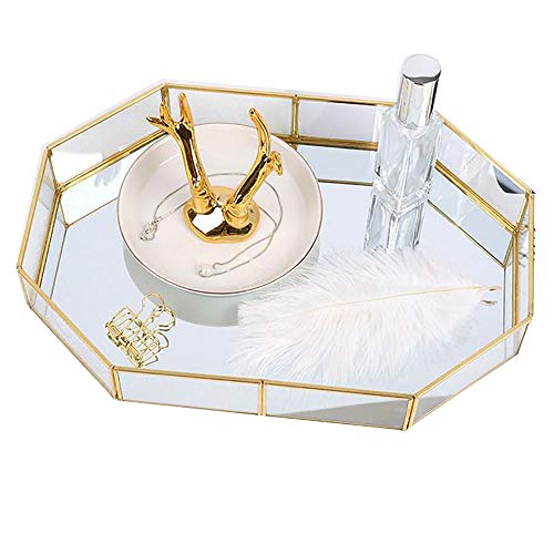 Yokay Mirror Gold Tray,Large Perfume Glass Tray Metal Makeup Decorative Tray Rectangle Mirrored Jewelry Tray Organizer for Vanity,Bathroom,Dressing Table(Polygon(Large))