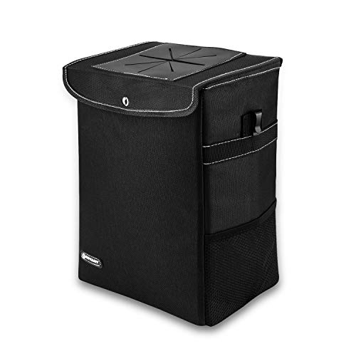 ROYAMY Car Trash Can with Lid,Car Trash Bag Hanging with Storage Pockets-Collapsible and Portable Car Garbage Can-100% Leak-Proof Vinyl Inside Lining (2.65 gal)