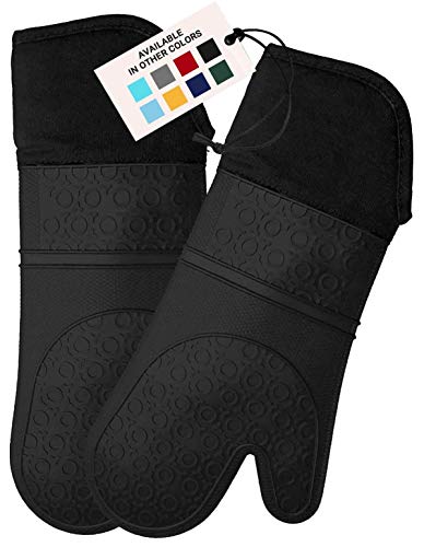 HOMWE Extra Long Professional Silicone Oven Mitt, Oven Mitts with Quilted Liner, Heat Resistant Pot Holders, Flexible Oven Gloves, Black, 1 Pair, 14.7 Inch