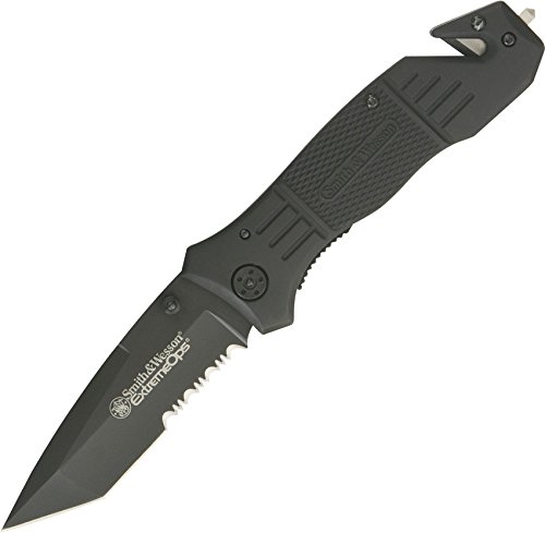 Smith & Wesson SWFR2S 8in High Carbon S.S. Folding Knife with 3.3in Tanto Point Serrated Blade and Aluminum Handle for Outdoor, Tactical, Survival and EDC