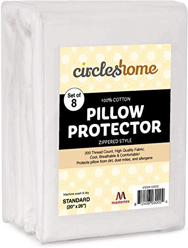 CIRCLESHOME Zippered Pillow Protectors Standard 8 Pack 100% Cotton Breathable Pillow Covers | Protects from Dirt, Dust & Allergens | Hypoallergenic & Quiet (Standard - Set of 8-20x26)