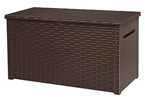 KETER Java XXL 230 Gallon Resin Rattan Look Large Outdoor Storage Deck Box for Patio Furniture Cushions, Pool Toys, and Garden Tools, Espresso Brown