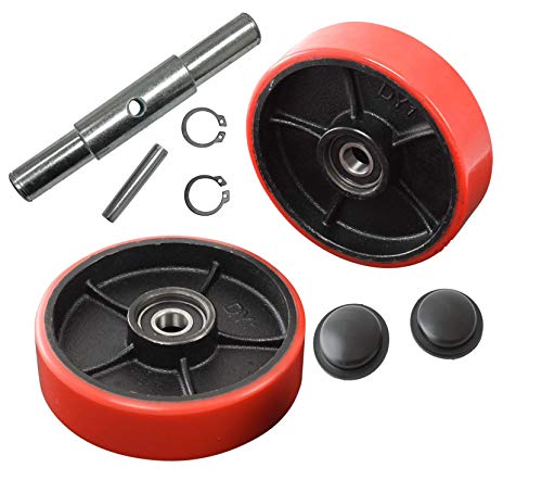 Pallet Jack/Truck Steering Wheels Set with Axle and Protective Caps (4 pcs) 7' x 2' with Bearings ID 20mm Poly Tread Red