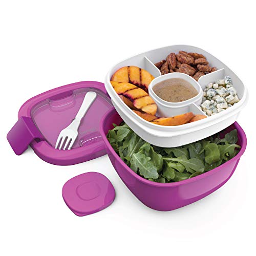 Bentgo Salad BPA-Free Lunch Container with Large 54-oz Salad Bowl, 3-Compartment Bento-Style Tray for Salad Toppings and Snacks, 3-oz Sauce Container for Dressings, and Built-In Reusable Fork (Purple)