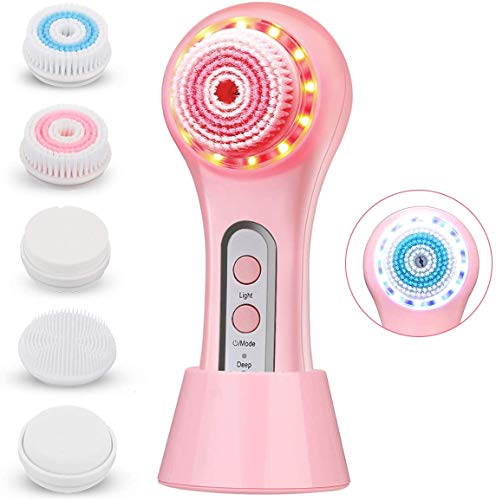 Facial Cleansing Brush with Red/Blue Lights, Liaboe Skin Scrubber, Electric Spin Cleaner include 5 Brush Head, 3 Modes for Face & Body, Exfoliating & Deep Cleaning IPX7 Waterproof Rechargeable