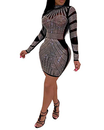 PORRCEY Women's Sexy hot Diamond Craft Long-Sleeved Dress Body Party Club Night Out Dress (XXX-Large, Black 3)