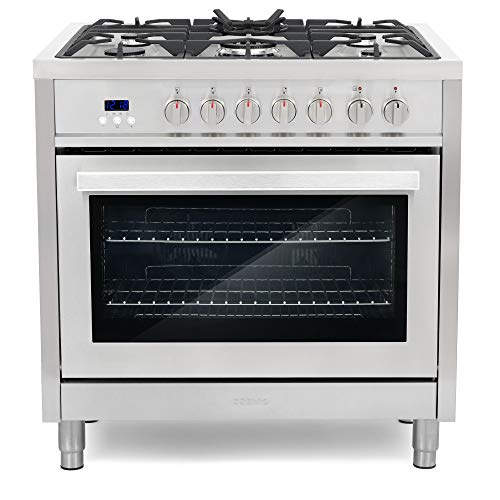 Cosmo F965 36 in. Dual Fuel Gas Range with 5 Sealed Burners, Convection Oven with 3.8 cu. ft. Capacity, 8 Functions, Black Porcelain Interior in Stainless Steel
