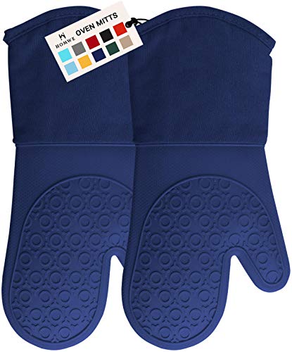 HOMWE Extra Long Professional Silicone Oven Mitt, Oven Mitts with Quilted Liner, Heat Resistant Pot Holders, Flexible Oven Gloves, Blue,1 Pair, 13.7 Inch