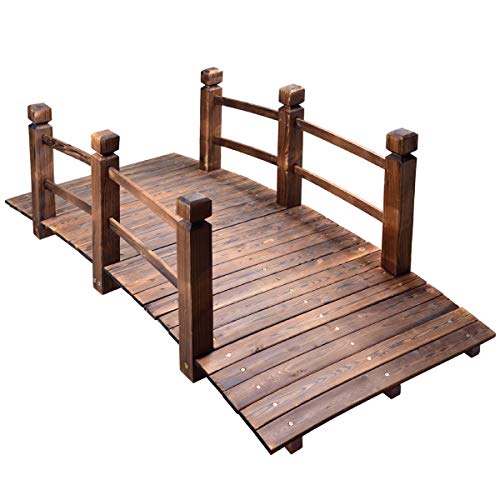 MAXXPRIME 5 ft Wooden Garden Bridge Arc Stained Finish Footbridge with Safety Railings for Backyard, Decorative Pond Bridge, Stained Wood