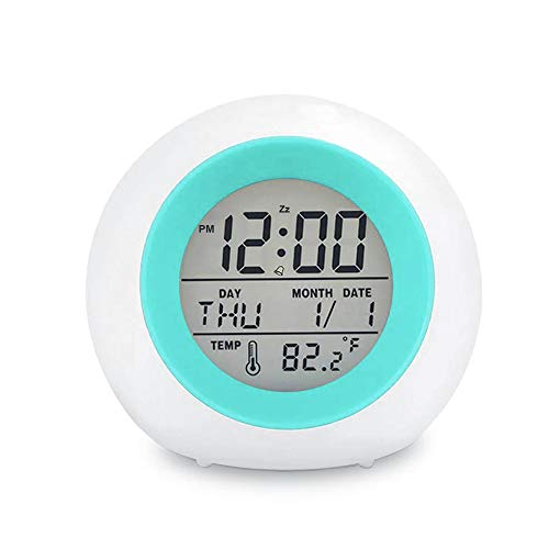 Kids Digital Alarm Clock, 7 Color Night Light, Snooze, Temperature Detect for Toddler, Children Boys and Girls, Students to Wake up at Bedroom, Bedside, Batteries Operated (Blue)