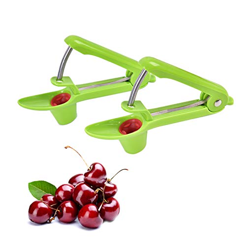 Qukpa 2 PCS Cherry Pitter Olive Pitting Tool Pit Remover Red Dates Pitter Easy Safe Kitchen Tool with Lock Design, 2 Green