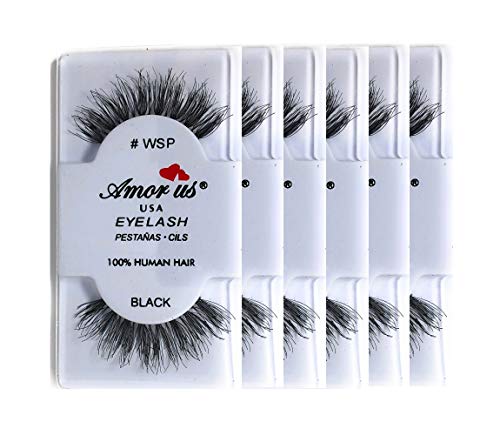 Amorus 100% Human Hair False Eyelashes #WSP - Black - (6 Pack) - Wispy False Eyelashes - Glamorous Look of Fuller, Longer Lashes