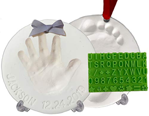 Baby Handprint Footprint Keepsake Ornament Kit (Makes 2) - Bonus Stencil for Personalized Newborn New Mom & Shower Gifts. 2 Display Stands! Non-Toxic Air Dry Clay. Dries Light & Soft, Won't Crack.