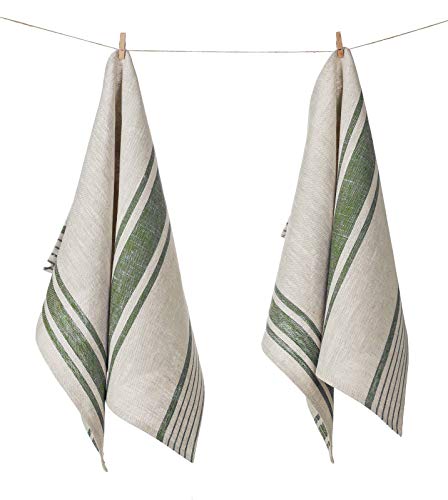 100% Pure Flax Linen Kitchen Tea Towel, Set of 2, 17 x 27 inchces, Natural Grey and Olive Green Striped
