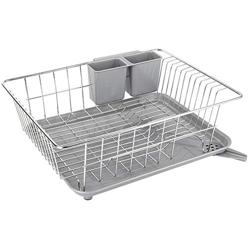 WHITGO Dish Drying Rack with Drain Board, Stainless Steel Dish Drainer Drying Rack with Utensil Holder for Kitchen Counter, Dish drain rack with One Cleaning Cloth