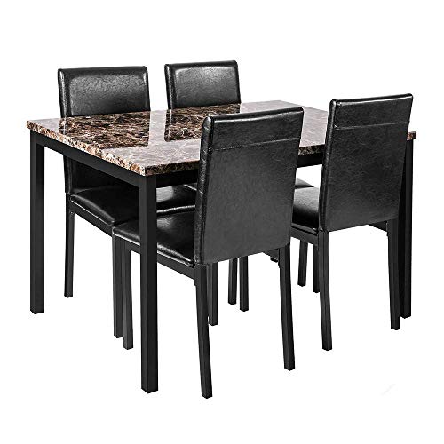 Hooseng 5 Piece Faux Marble Dining Set, Table and Chairs for 4, Perfect for Bar, Kitchen, Breakfast Nook, Living Room, Black