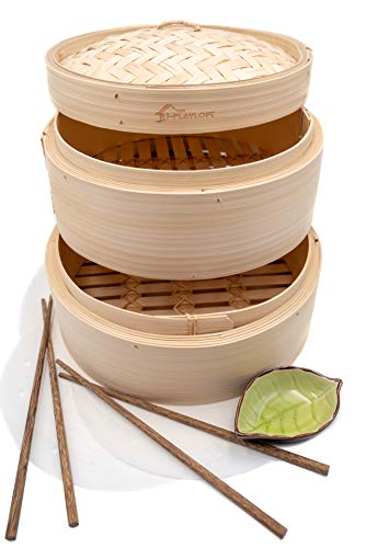 Premium 10 Inch Handmade Bamboo Steamer - Two Tier Baskets - Dim Sum Dumpling & Bao Bun Chinese Food Steamers - Steam Baskets For Rice, Vegetables, Meat & Fish Included 2 Sets Chopsticks, 20 Liners & Sauce Dish