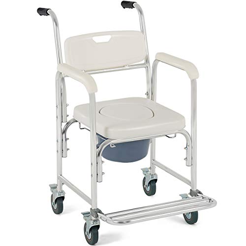 Giantex 3-in-1 Medical Transport Wheelchair Aluminum Bathroom Shower Chair, Bedside Commode for Old People Patient, Locking Casters and Thick Padded Seat, Wheelchair Over Toilet