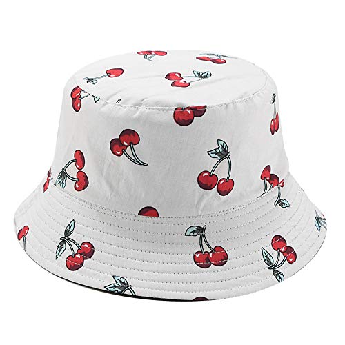 Mashiaoyi Unisex Print Double-Side-Wear Reversible Bucket Hat Cherry White
