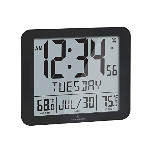 Marathon Slim Atomic Wall Clock with Indoor/Outdoor Temperature, Full Calendar and Large Display - Batteries Included - CL030027-FD-BK (Black)