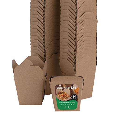 Take Out Food Containers 16 Oz Microwaveable Kraft Brown Paper Chinese Takeout Box (50 Pack) Leak and Grease Resistant Stackable Pint Size to Go Boxes - Recyclable Food Containers - Party Favor Box