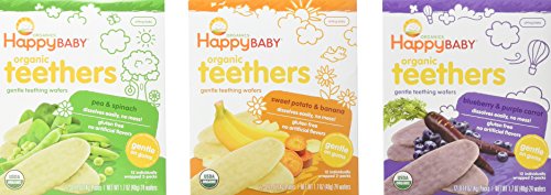 Happy Baby Organic Teethers Gentle Teething Wafers 3 Flavor Sampler Bundle: (1) Pea & Spinach Teething Wafers, (1) Sweet Potato & Banana Wafers, and (1) Blueberry & Purple Carrot Wafers, 1.7 Oz. Ea.