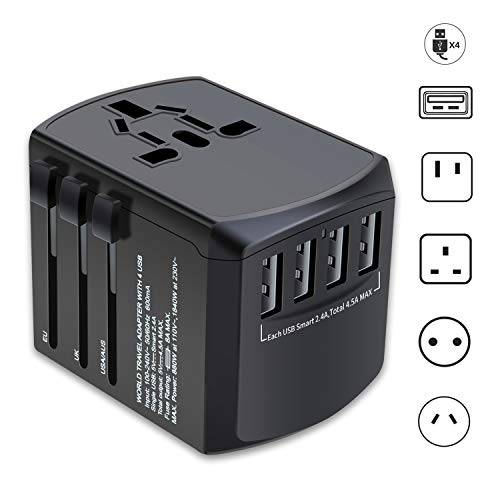 Universal Travel Adapter, International Power Adapter, Worldwide Plug Adaptor with 4 USB Ports, High Speed 4.5A Wall Charger, All in One AC Socket for USA UK AUS Europe Asia Cell Phone Laptop