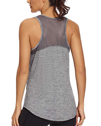 Quccefods Women's Workout Tops Mesh-Back Yoga Shirts Racerback Athletic Sports Training Running Tank Tops Grey