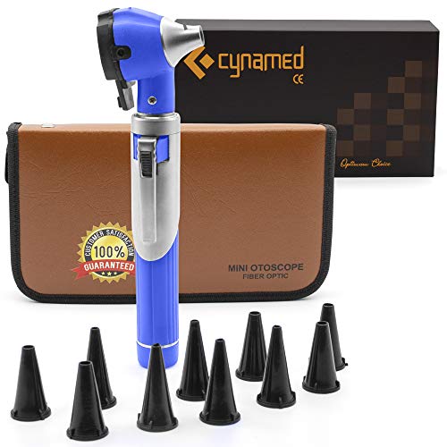 Cynamed Mini Otoscope - Portable Ear Light and Exam Kit for Home and Professional Use - 3X Magnifying Fiber Optic Scope with Spare Tips, Bulb, and Carrying Case - Pocket Diagnostic Equipment (Blue)