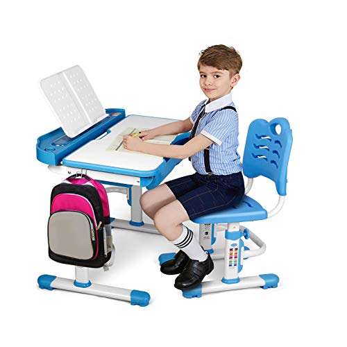 SIMBR Kids Desk and Chair Set, Height Adjustable Ergonomic Student Study Desk and Chair Set with Large Storage Drawer, 28“x22“ Desktop, 55° Tilted Table
