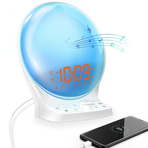 Wake Up Light Alarm Clock, Sleeping Sound Machine, 7 Color Night Light with Sunrise /Sunset Simulation, Dual Alarm Clock with FM Radio,Natural Sounds Machine for Bedrooms,Battery Backup